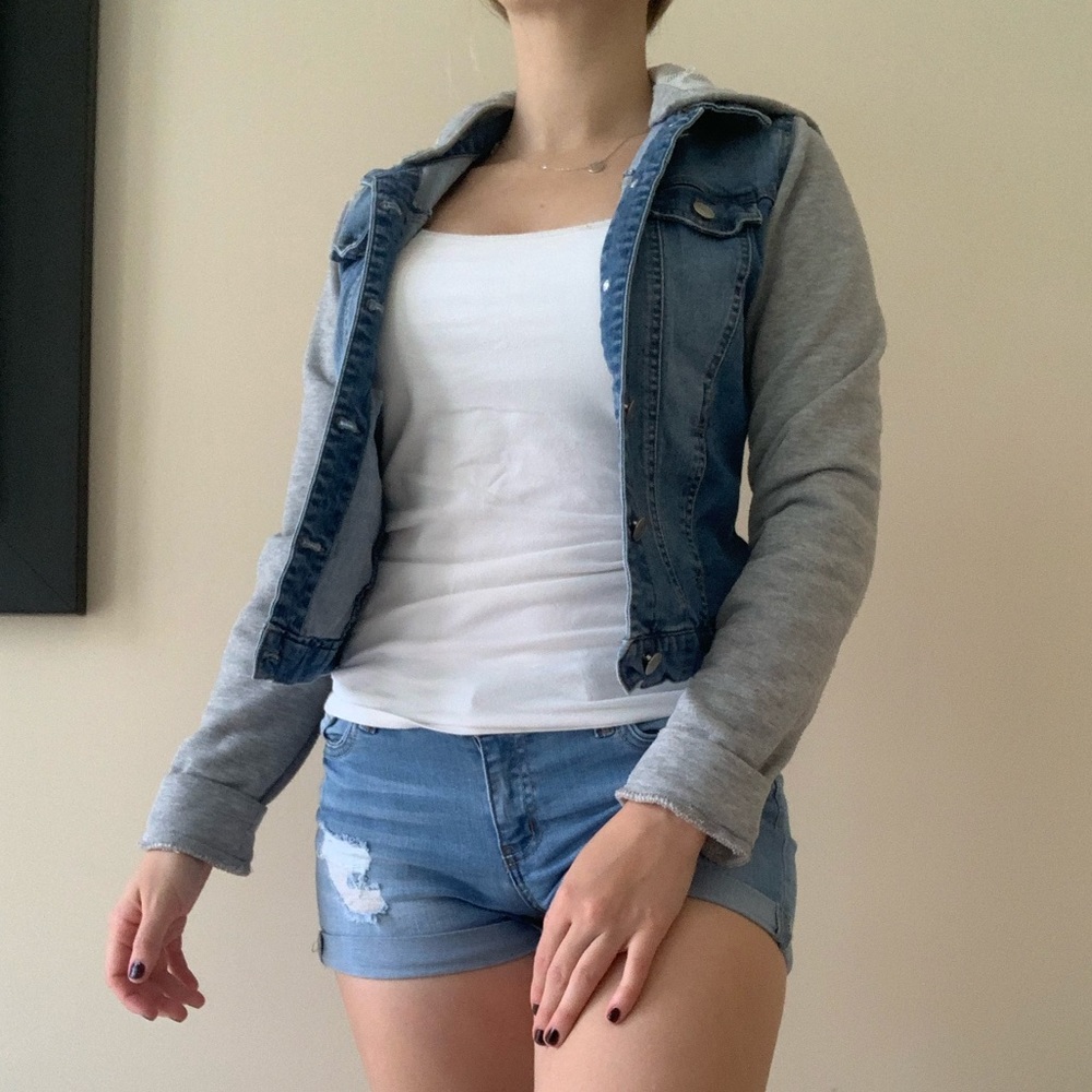 Knit and Denim Hoodie Jacket